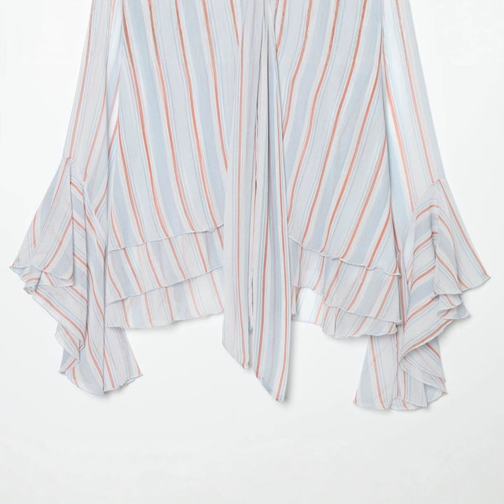 Women's Lightweight Chiffon Blouse with Bow, Ruffle Hem and Flared Bell Sleeves Mune Fashion