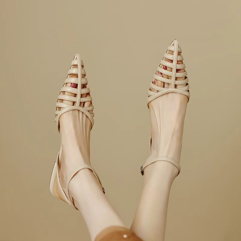 Women’s pointed toe lattice sandal with fine straps, adjustable ankle strap, and low block heel Mune Fashion