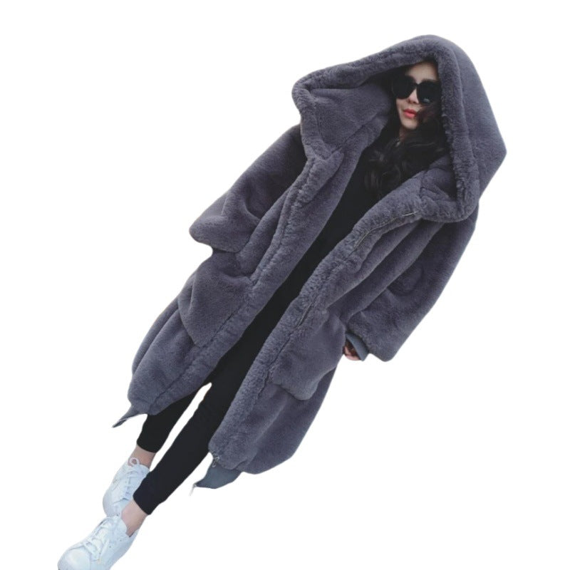 Ladies Oversized Faux Fur Coat with Hood and Pockets Mune