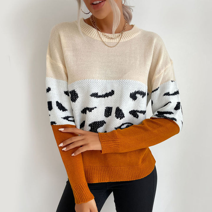 Women's Boxy Knit Sweater in Colorblock Leopard Mix with Round Neck and Ribbed Sleeves