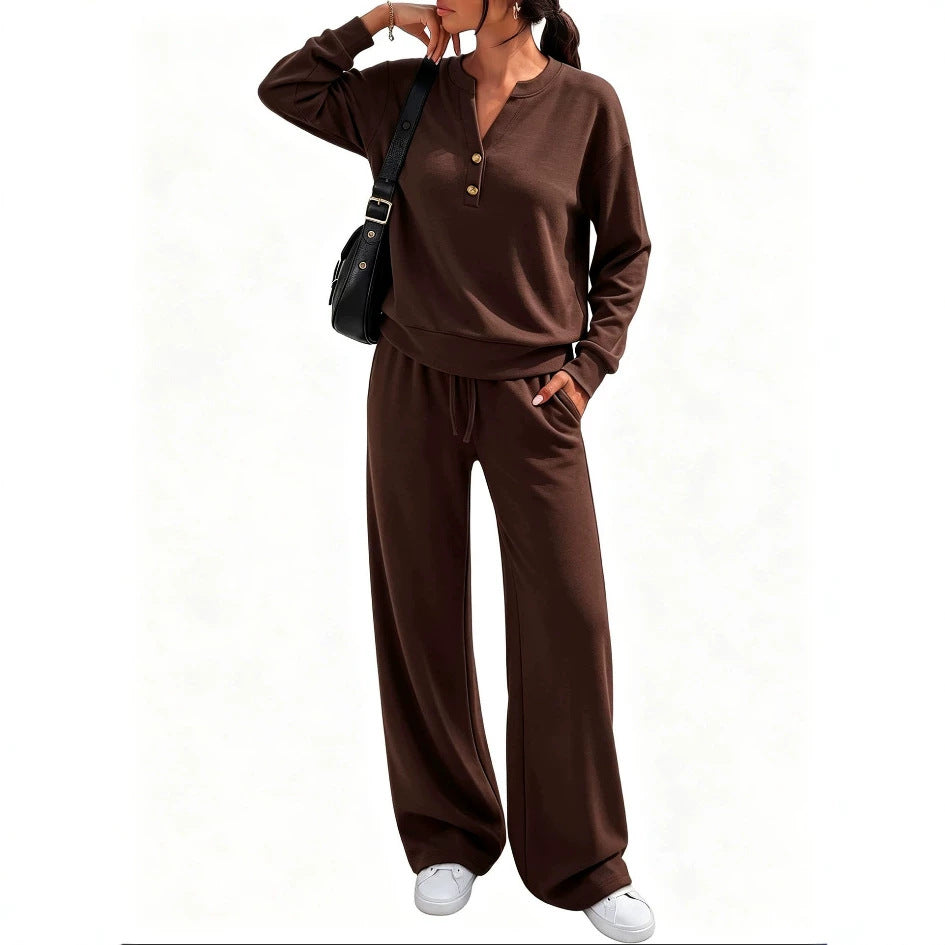 Ladies Lounge Set with Henley Collar and Palazzo Wide Jogging Pants Mune Fashion