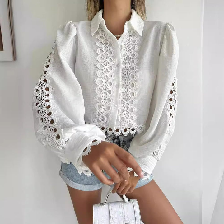 Women's Embroidered Linen Blouse with Lace, Balloon Sleeves and Shirt Collar Mune Fashion