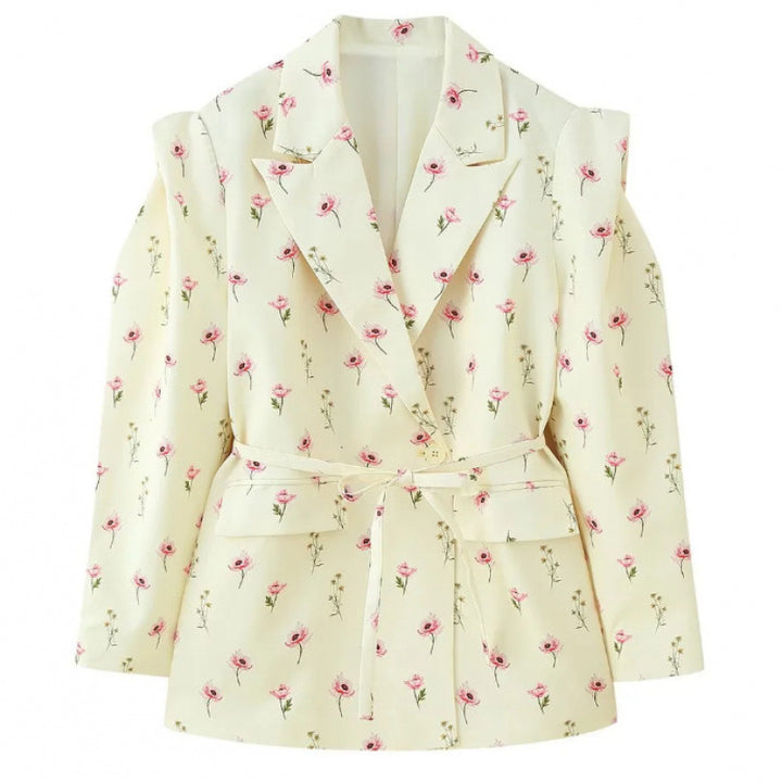 Women Tailored Blazer with Delicate Tie Waist, Emphasized Shoulder Area and Flap Pockets Mune Fashion