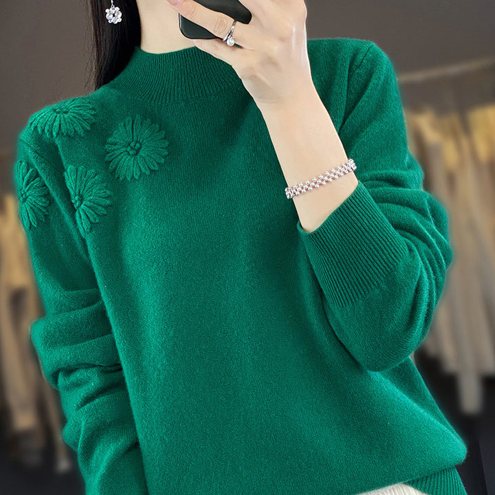 Women Soft Fine Knit Sweater with Short Stand-Up Collar, 3D Flower Application and Ribbed Cuffs Mune Fashion