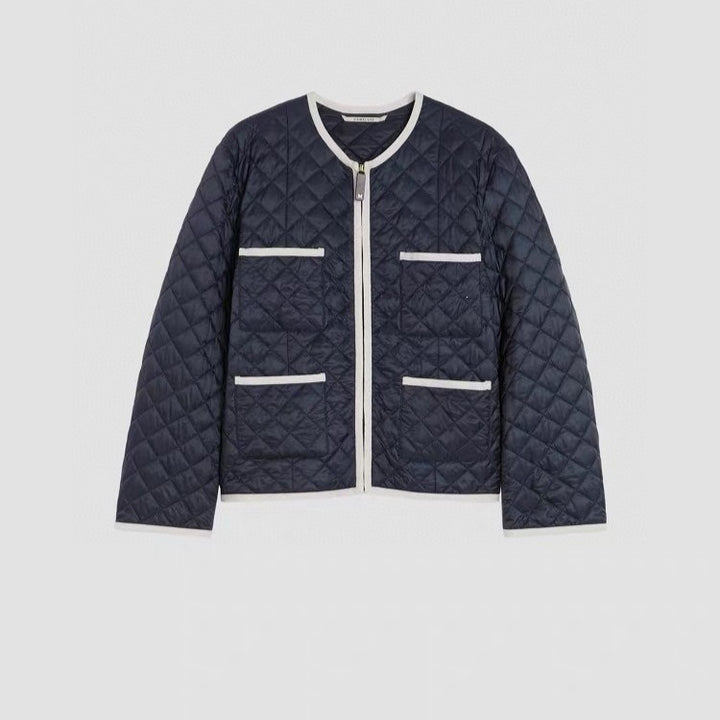 Women Lightly Quilted Short Jacket without Collar with Contrast Piping and Full-Length Zipper Mune Fashion