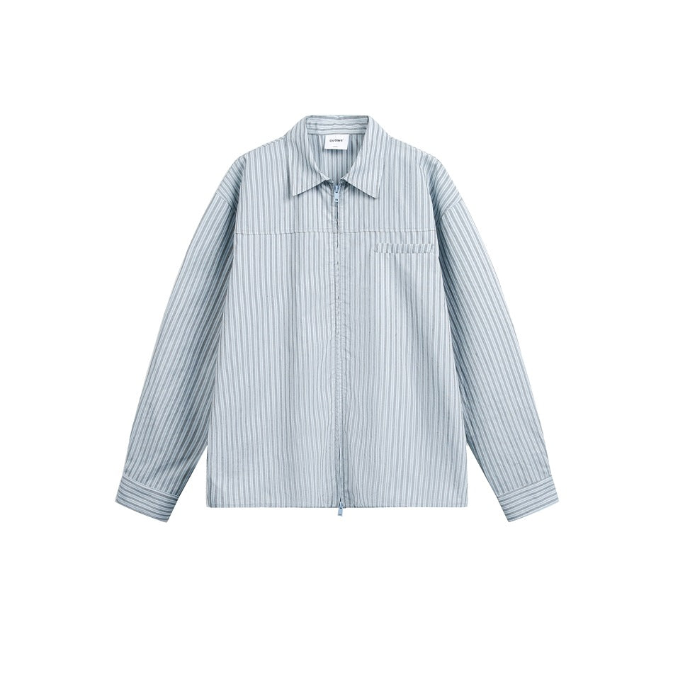 Unisex Lightweight Striped Shirt Jacket with Continuous Zipper and Chest Piped Pocket Mune Fashion