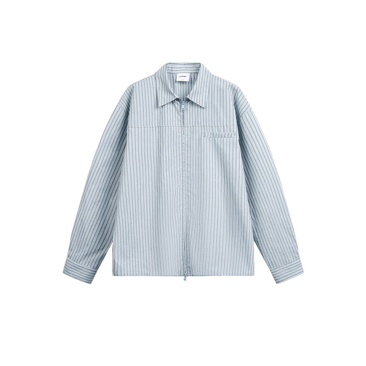 Unisex Lightweight Striped Shirt Jacket with Continuous Zipper and Chest Piped Pocket Mune Fashion