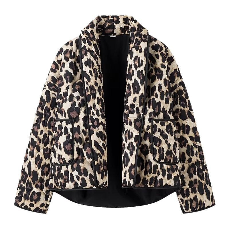 Women's Lined Short Jacket in Leopard Print with Shawl Collar and Piping Mune Fashion