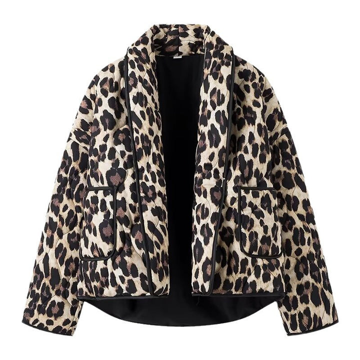 Women's Lined Short Jacket in Leopard Print with Shawl Collar and Piping Mune Fashion