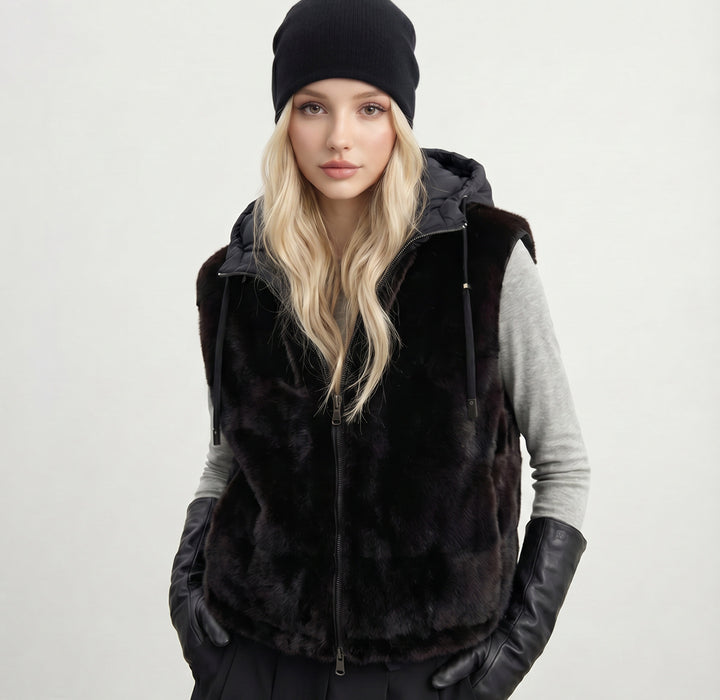 Women's Nan Urban Faux Fur Padded Vest with Hood, Zipper, and Insulating Padding Mune Fashion