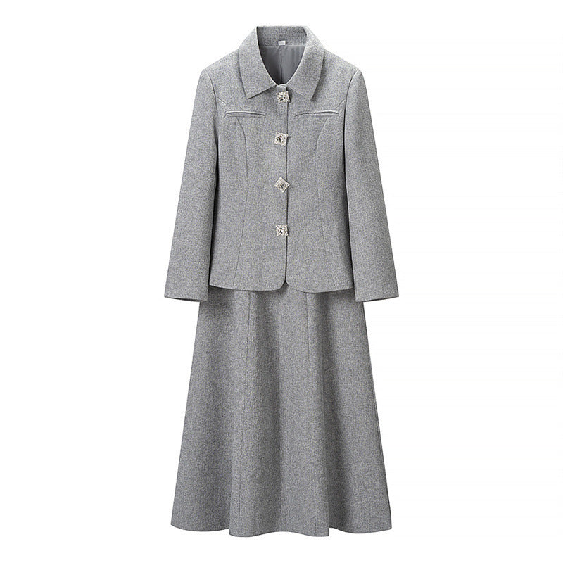 Women Two-Piece Suit made of Wool Blend with Tailored Short Blazer and Flared Midi Skirt Mune Fashion