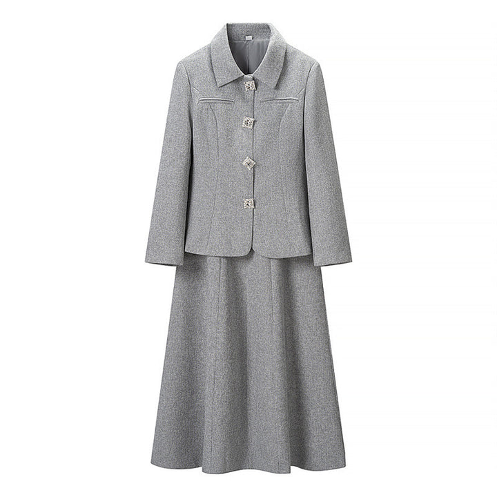 Women Two-Piece Suit made of Wool Blend with Tailored Short Blazer and Flared Midi Skirt Mune Fashion