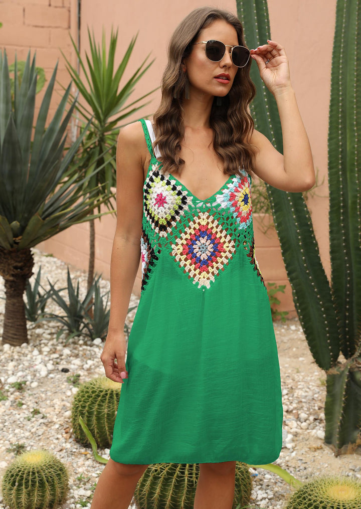 Ladies airy crochet dress with colorful appliqués Mune Fashion