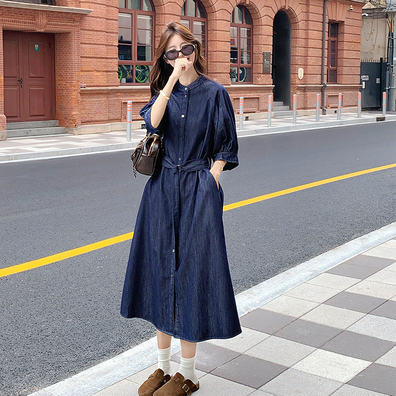 Ladies jeans midi dress with continuous button placket, waist belt and 3/4 sleeves Mune Fashion