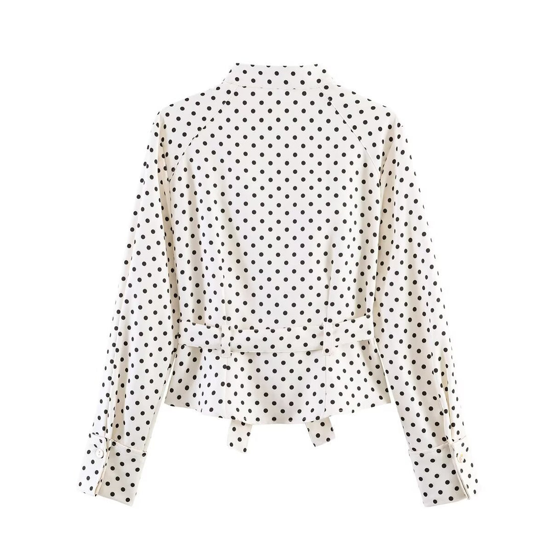 Women’s blouse jacket with tie belt, breast pockets and polka dot pattern Mune Fashion