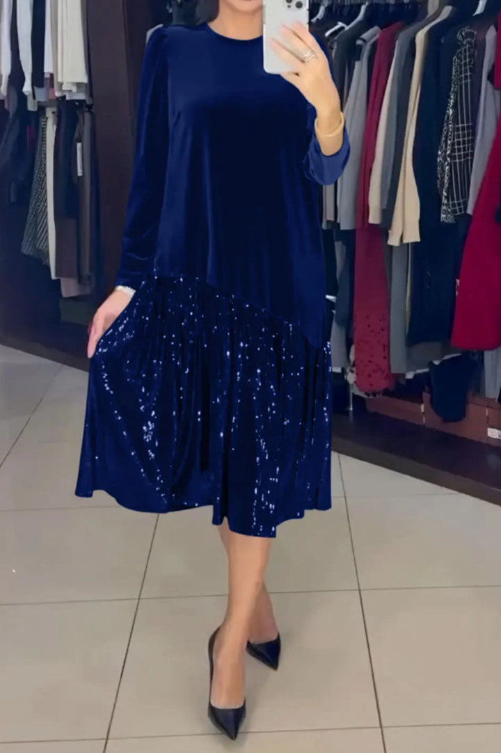 Women's Velvet Midi Dress with Pleated Sequin Skirt, Loose A-Line Cut and Round Neckline Mune Fashion