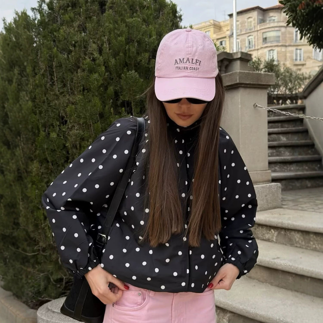 Women's Lightweight Water-Resistant Bomber Jacket with Stand Collar and Polka Dot Pattern Mune Fashion