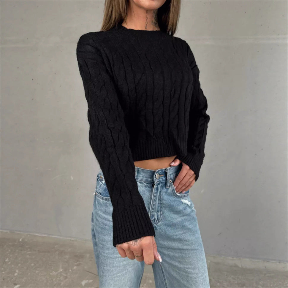 Women's Short Boxy Cable Knit Sweater with Ribbed Hem and Round Neckline Mune Fashion