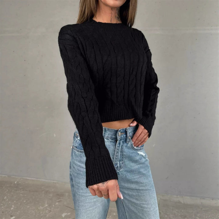 Women's Short Boxy Cable Knit Sweater with Ribbed Hem and Round Neckline Mune Fashion
