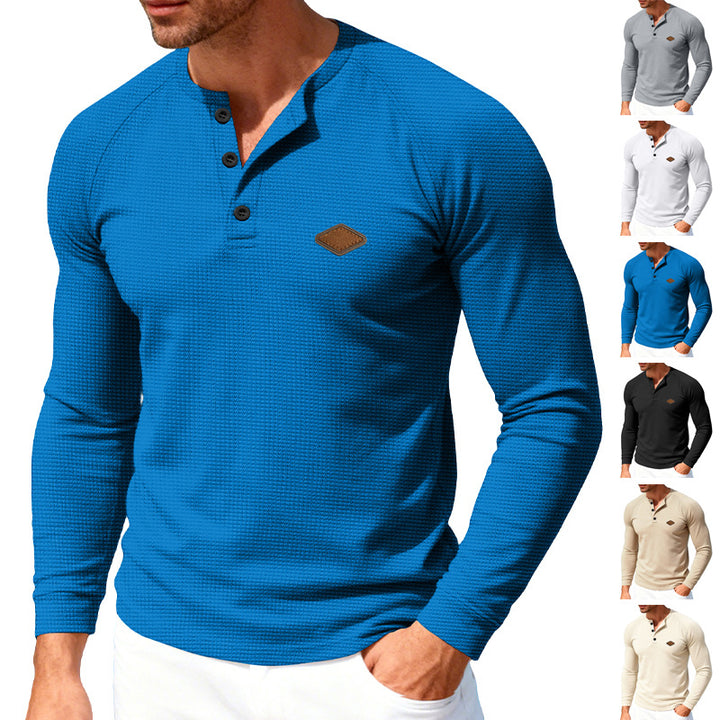 Men's Waffle Knit Henley Long Sleeve Shirt with Raglan Sleeves, Half Button Placket and Leather Label Mune Fashion