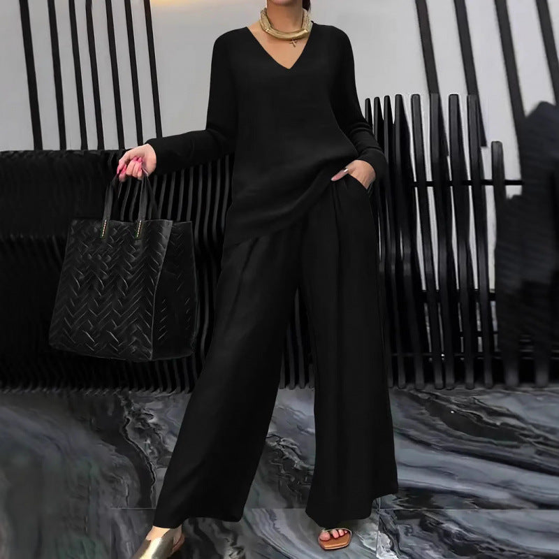 Women's Fine V-Neck Knit Sweater with Flowing Palazzo Pants Mune Fashion