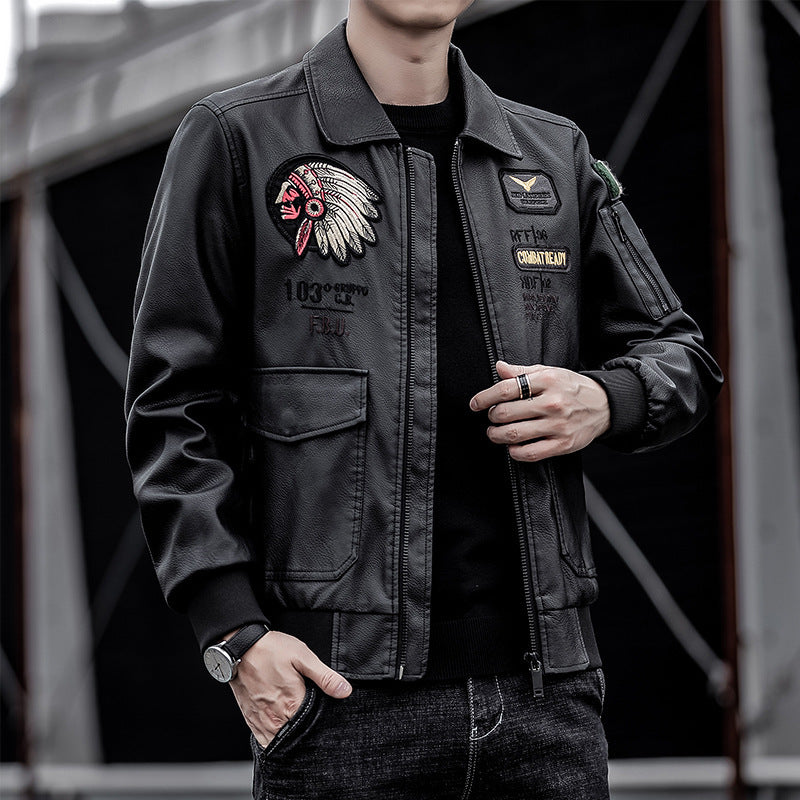 Men's bomber jacket in pilot look made of faux leather with applied patches and multifunctional pockets Mune Fashion