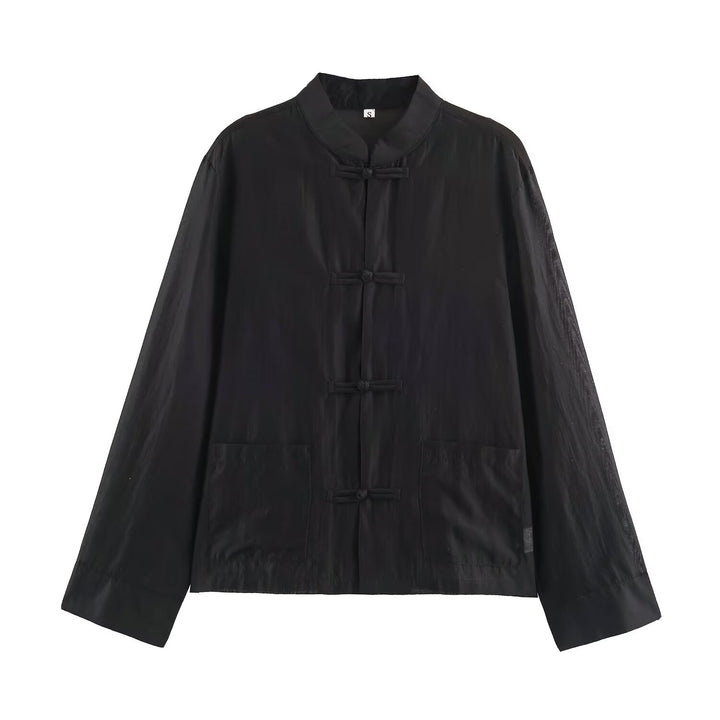 Women's Lightweight Chinese-Inspired Oversized Jacket with Mandarin Collar and Knot Closures Mune Fashion