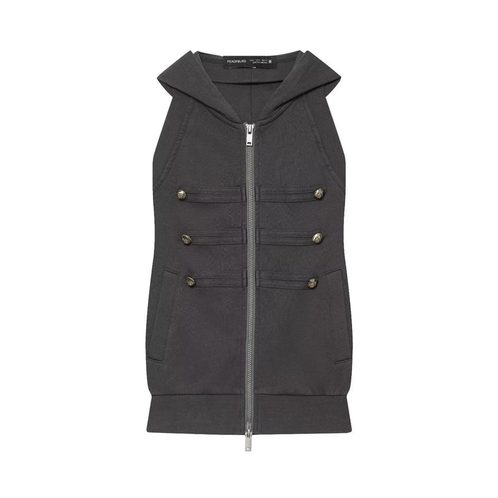Women's Sleeveless Hooded Vest with Zipper and Military Decorative Buttons Mune Fashion