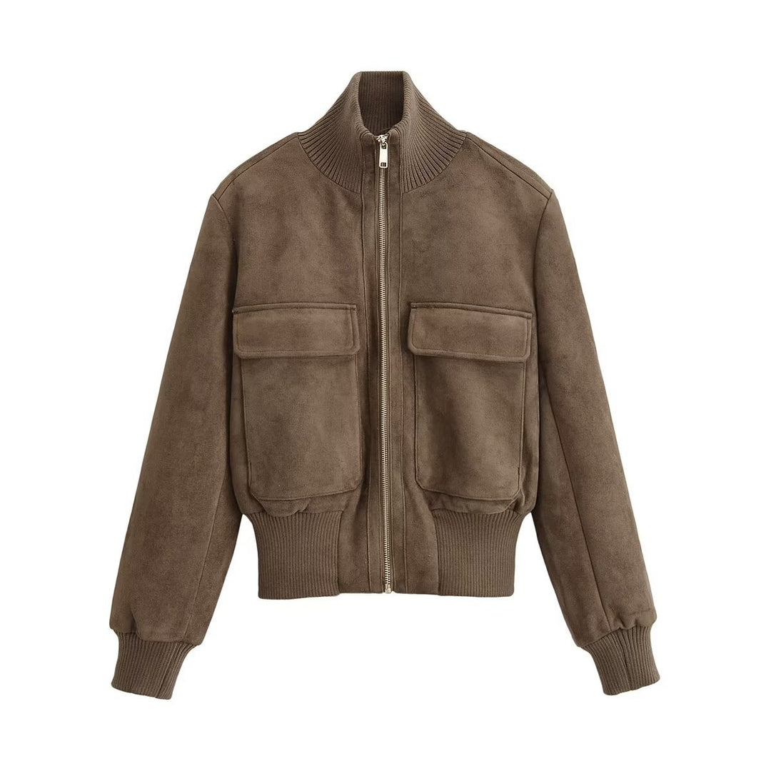 Women's short-cut suede-look bomber jacket with large flap pockets Drune