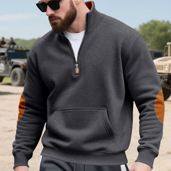 Men's half-zip sweatshirt with stand-up collar, kangaroo pocket, and contrasting elbow patches Mune Fashion
