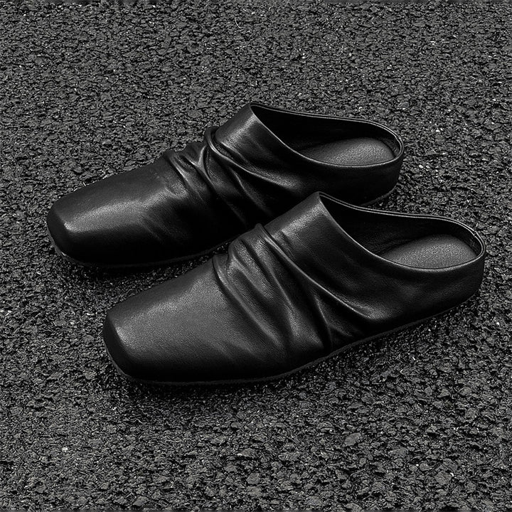 Women's Leather Mules with Square Toe and Gathered Upper Material Mune Fashion