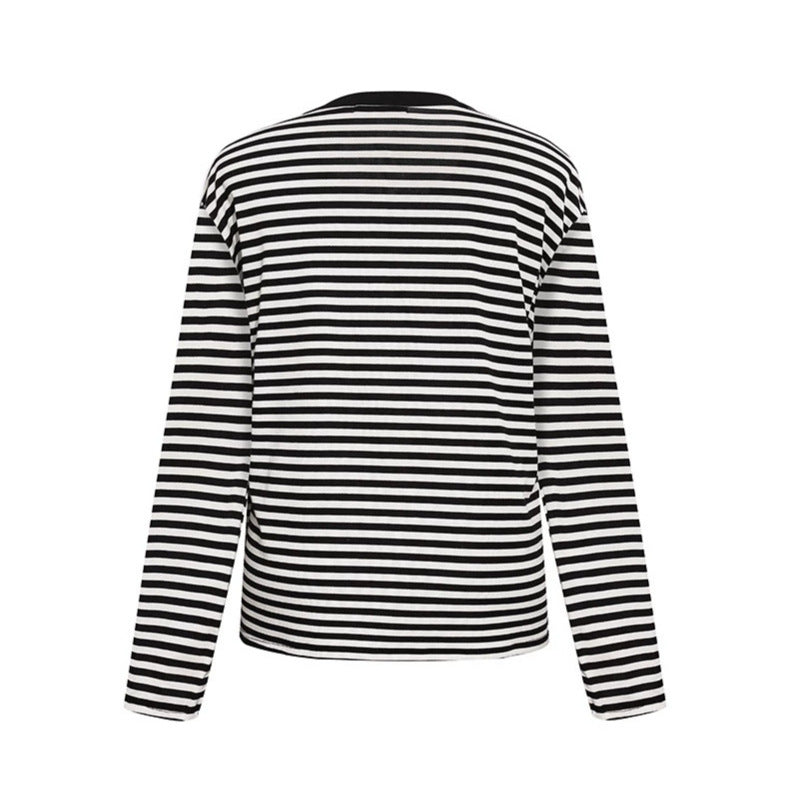 Women's Striped Long Sleeve Henley Shirt with Button Placket and Graphic Patches Mune Fashion
