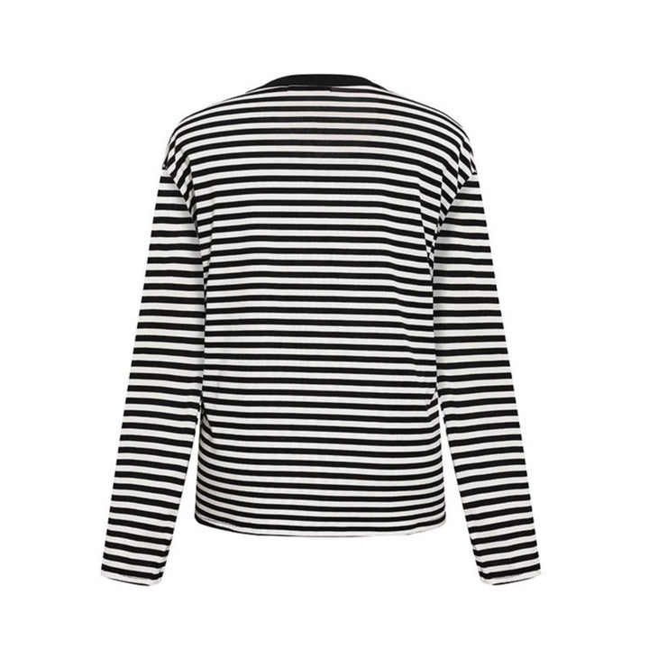 Women's Striped Long Sleeve Henley Shirt with Button Placket and Graphic Patches Mune Fashion