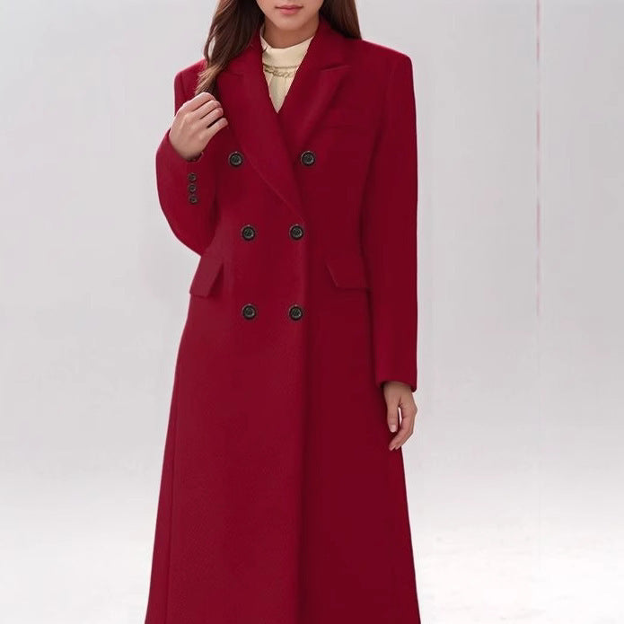 Women's longer double-breasted wool blend coat with lapel collar and patch pockets Mune Fashion