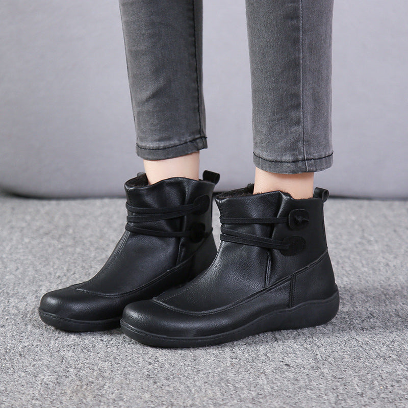 Women's padded ankle-high winter ankle boots with elastic decorative strap, decorative button details, and non-slip light sole Mune Fashion