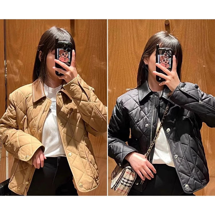 Women's quilted jacket with high-quality leather collar Mune Fashion