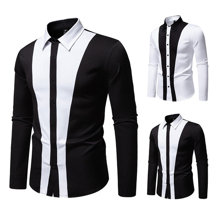 Men's Fitted Long Sleeve Shirt with Contrasting Center Stripes and Kent Collar Mune Fashion