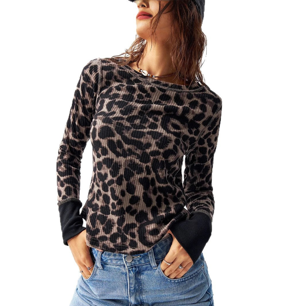 Women's Ribbed Thermal Long Sleeve with Allover Leopard Print and Contrast Cuffs Mune Fashion