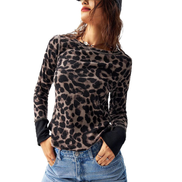 Women's Ribbed Thermal Long Sleeve with Allover Leopard Print and Contrast Cuffs Mune Fashion
