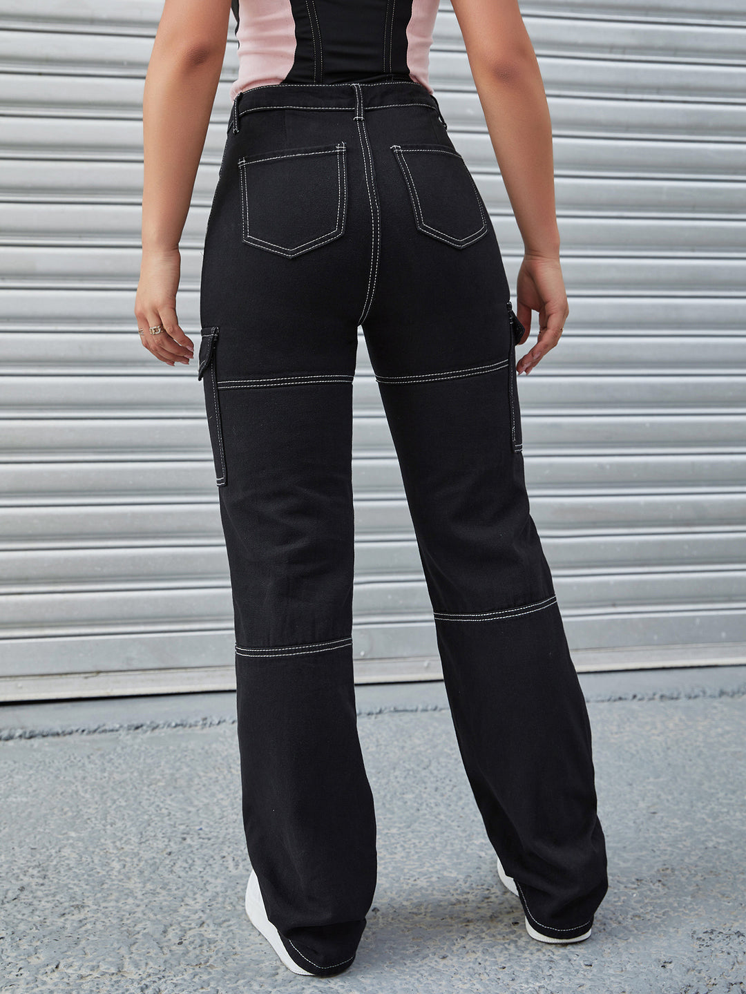 Women's High-Waisted Cargo Pants with Contrast Stitching and Straight Leg Mune Fashion