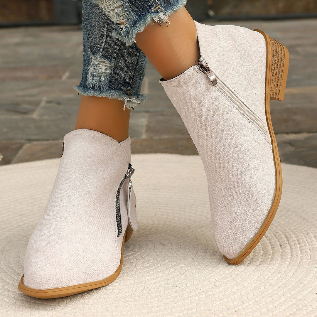 Women nan short suede-look ankle boot with side decorative strap zipper and comfortable block heel Mune Fashion