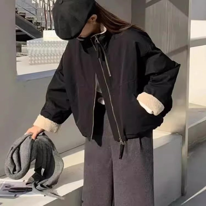 Women's Short Oversized Bomber Jacket with Teddy Lining at Cuffs and Stand Collar Mune Fashion