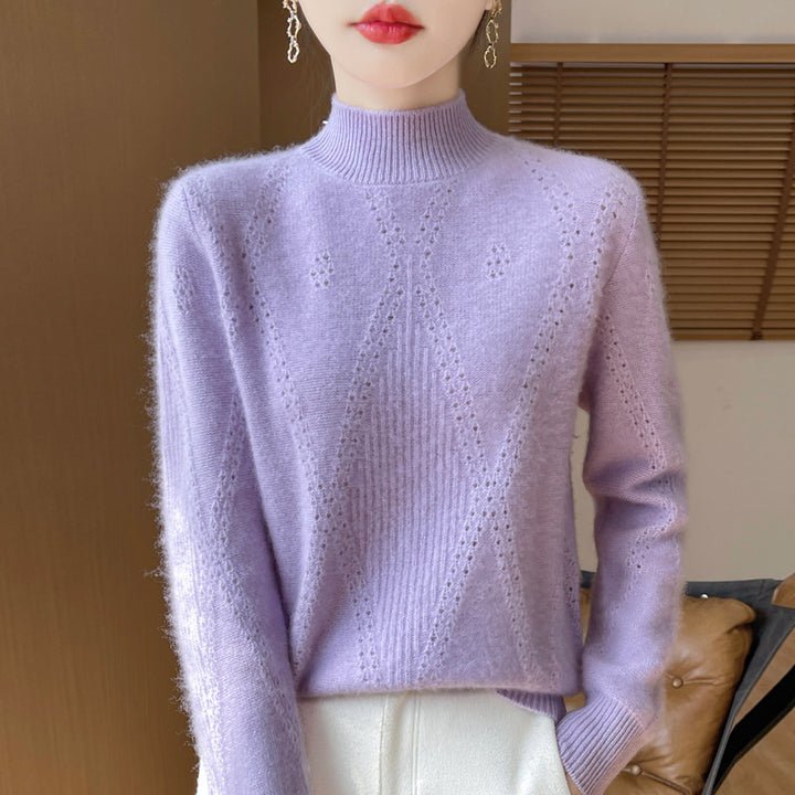 Women's Light Mockneck Fine Knit Sweater with Openwork Chevron and Cashmere Soft Finish Mune Fashion