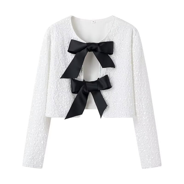 Ladies Short Sequin Jacket with Decorative Bows, Round Neckline and Long Sleeves Mune Fashion