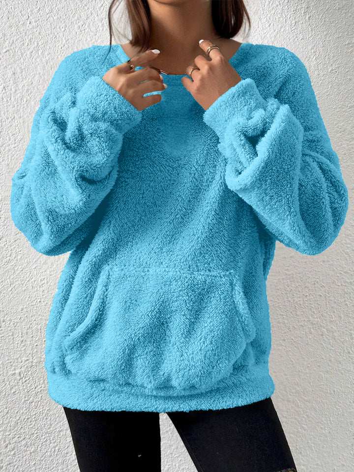 Women Cozy Teddy Fleece Sweater with Kangaroo Pocket Mune Fashion