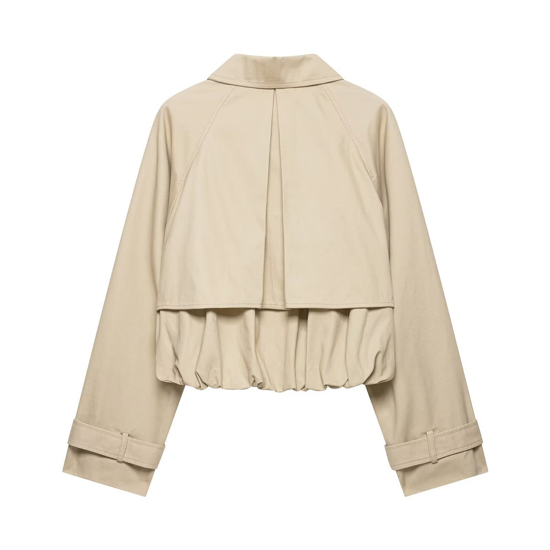 Women's Cropped Trench Jacket in Boxy Cut with Ruching and Adjustable Cuffs Mune Fashion