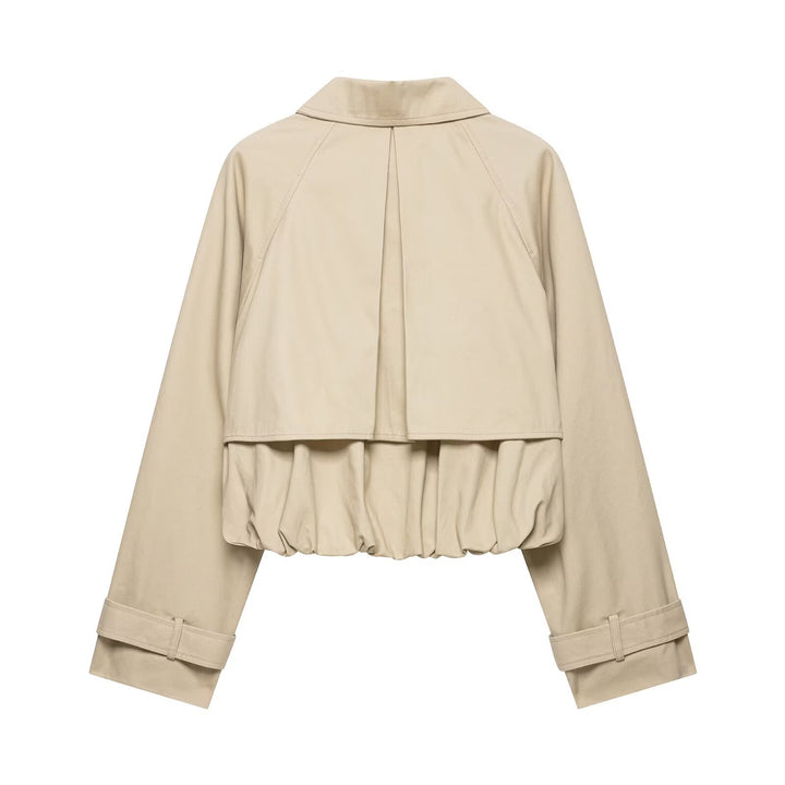 Women's Cropped Trench Jacket in Boxy Cut with Ruching and Adjustable Cuffs Mune Fashion