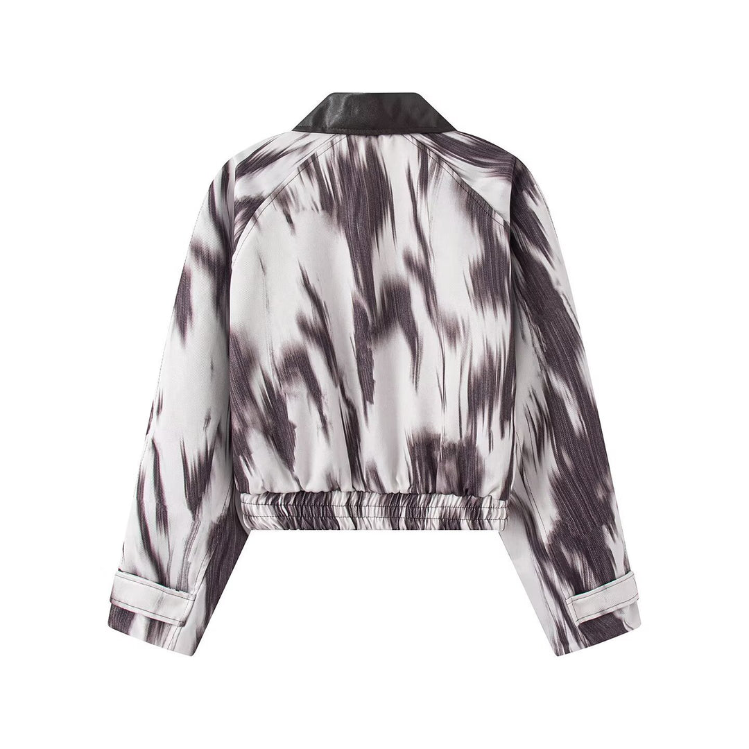 Women Short Bomber Jacket with Abstract Brush Print and Leather-Look Collar Mune Fashion