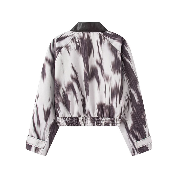Women Short Bomber Jacket with Abstract Brush Print and Leather-Look Collar Mune Fashion