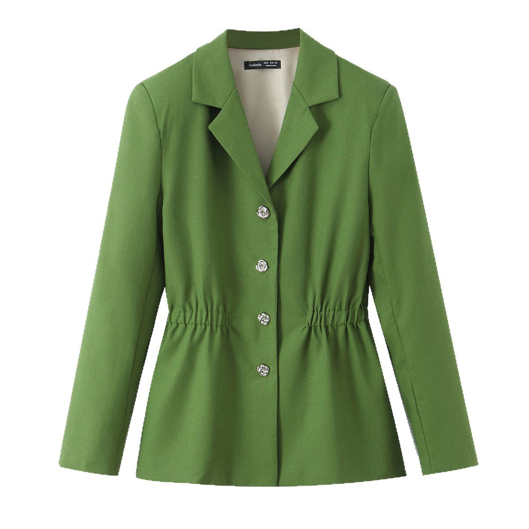 Women's Tailored Blazer with Drawstring Waist, Notched Collar and Decorative Buttons Mune Fashion